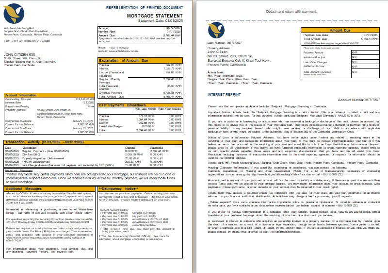 Download Cambodia Acleda bank mortgage statement, 3 pages,  1 2 scr Photoshop template